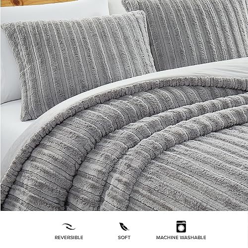 Plush Faux Fur Comforter Set with Pillow Shams, Full/Queen, Seal Grey k7