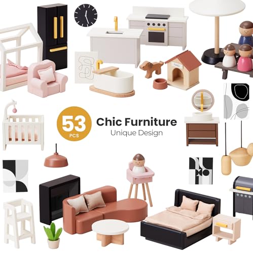Dollhouse with 53Pcs Furniture Wooden A7