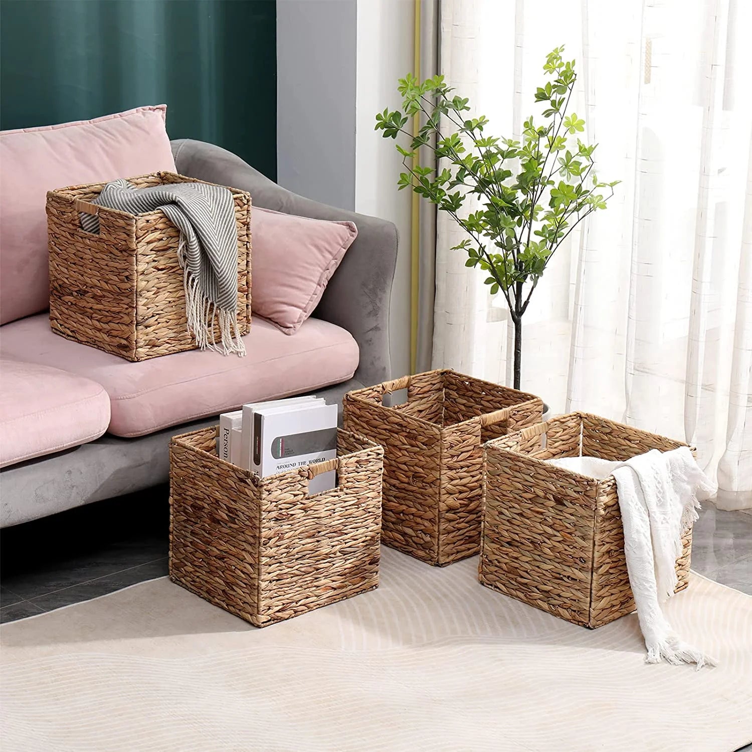 Handwoven Water Hyacinth Storage Baskets Set of 4 7k