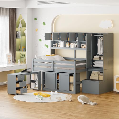 Solid Wood Twin Loft Bed with Storage Staircase and Desk 7k