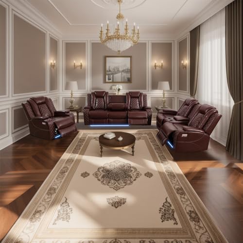 Brown Leather Recliner Sofa Set 3-Piece A7k