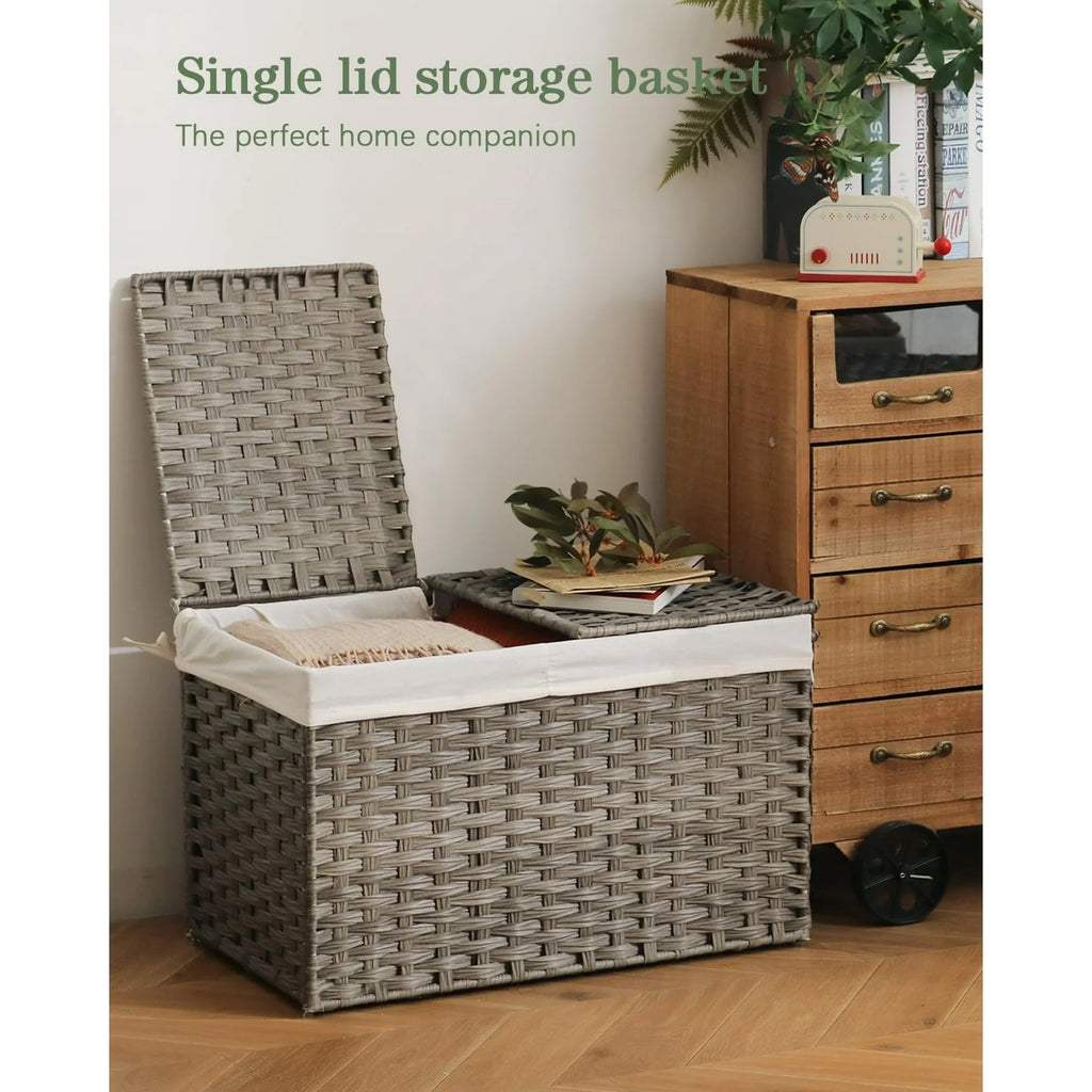 Woven Storage Basket with Lid, 65L Foldable, Gray a7
