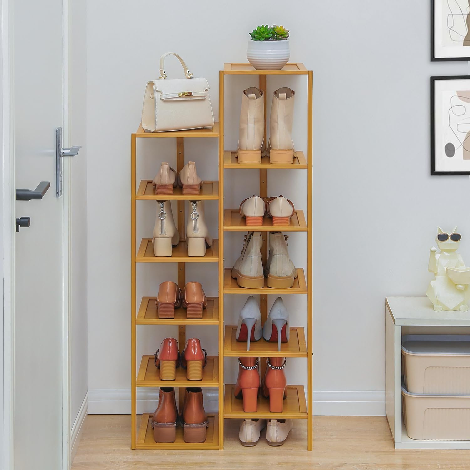 Bamboo 12-Tier Double Row Shoe Rack Cabinet Storage a7