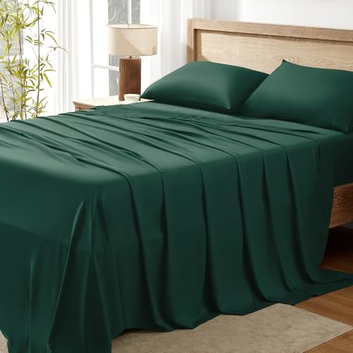 Queen Sheets Set, Cooling Bamboo Bedding, Deep Pocket, Dark Green K7