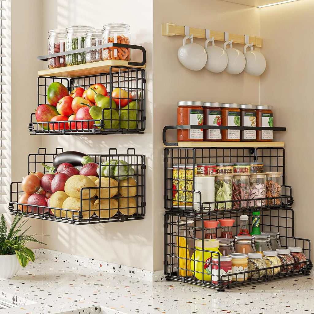 Tiered Snack Organizer with Wood Top, Metal Basket a7