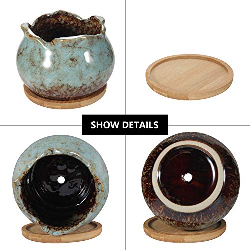 Succulent Pots 4 Inch Ceramic Planters with Bamboo Tray, Pack of 6 k7