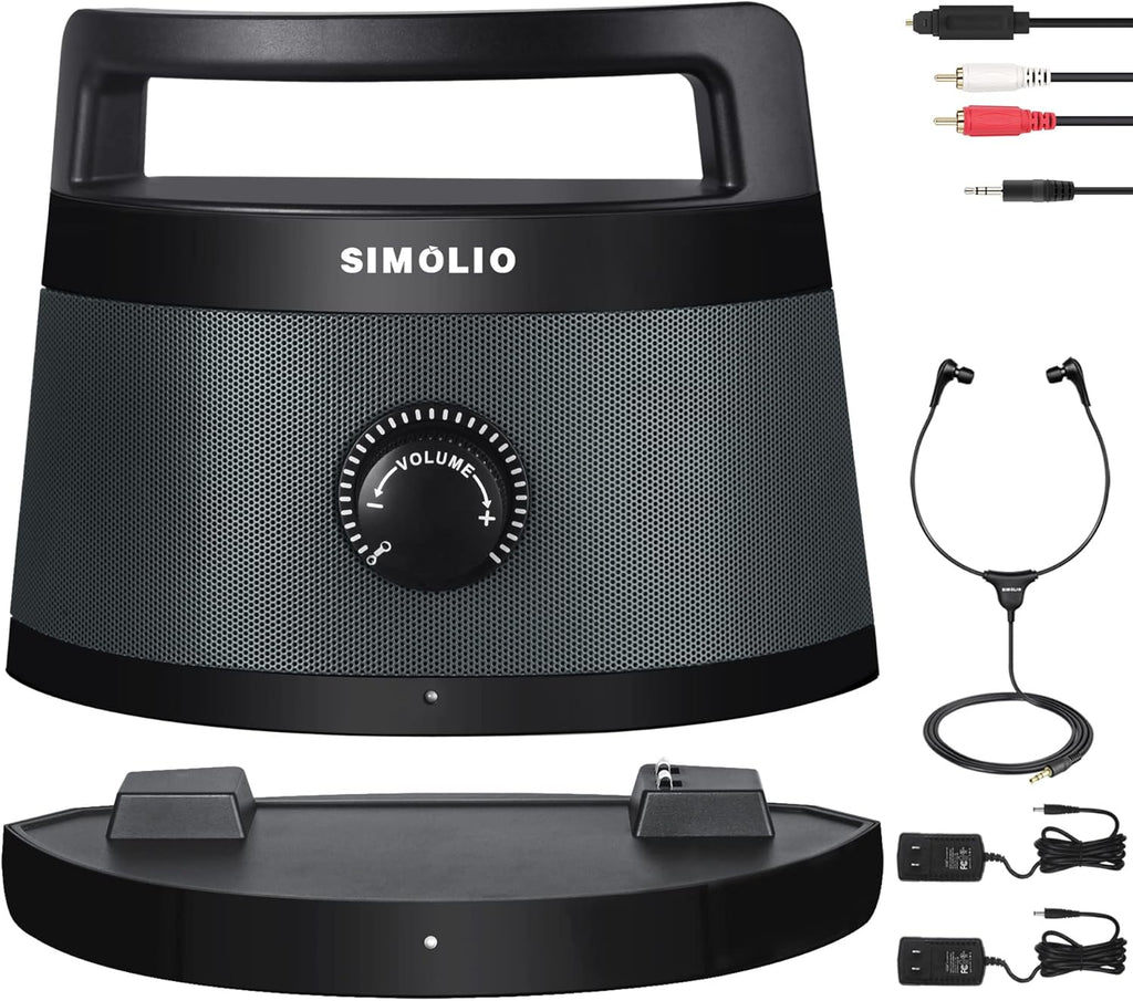 SIMOLIO Clear Dialogue Wireless TV Speakers with Tone Adjustment, Portable Wireless Speakers for TV for Hard of Hearing, Seniors and Elderly, Support Optical/RCA/AUX, Extra Headset & 2 Adapters