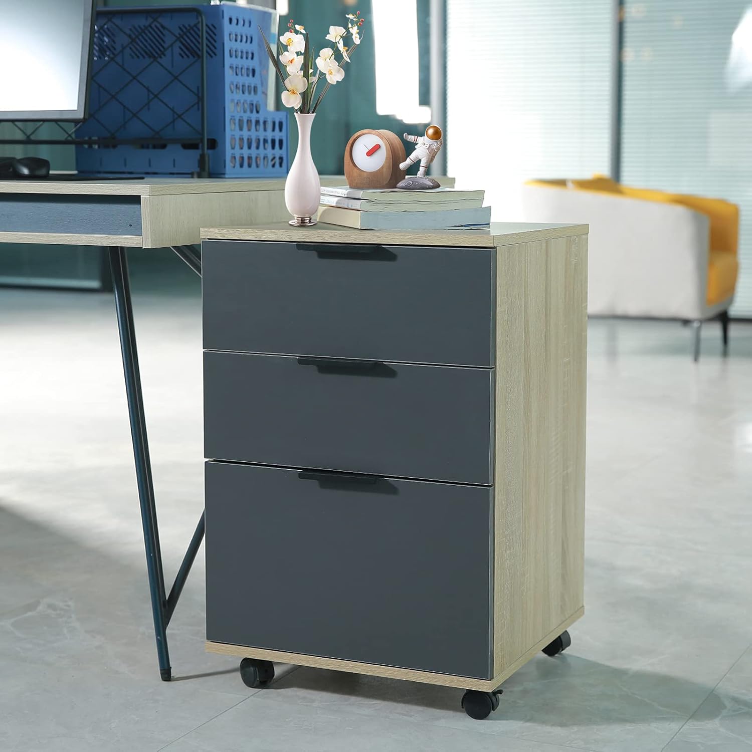 3 Drawer Rolling Wood File Cabinet with Wheels, Oak a7
