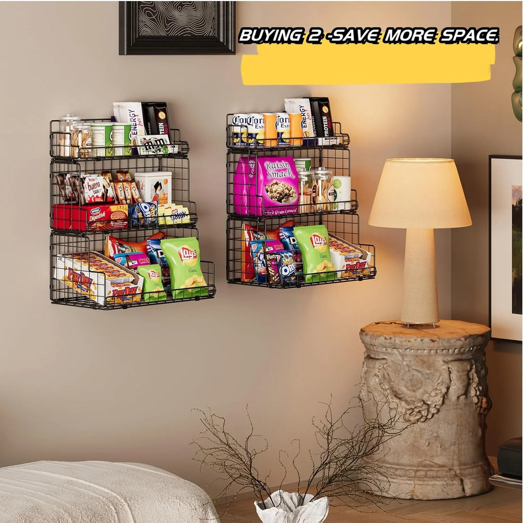 Tiered Snack Organizer with Wood Top, Metal Basket a7