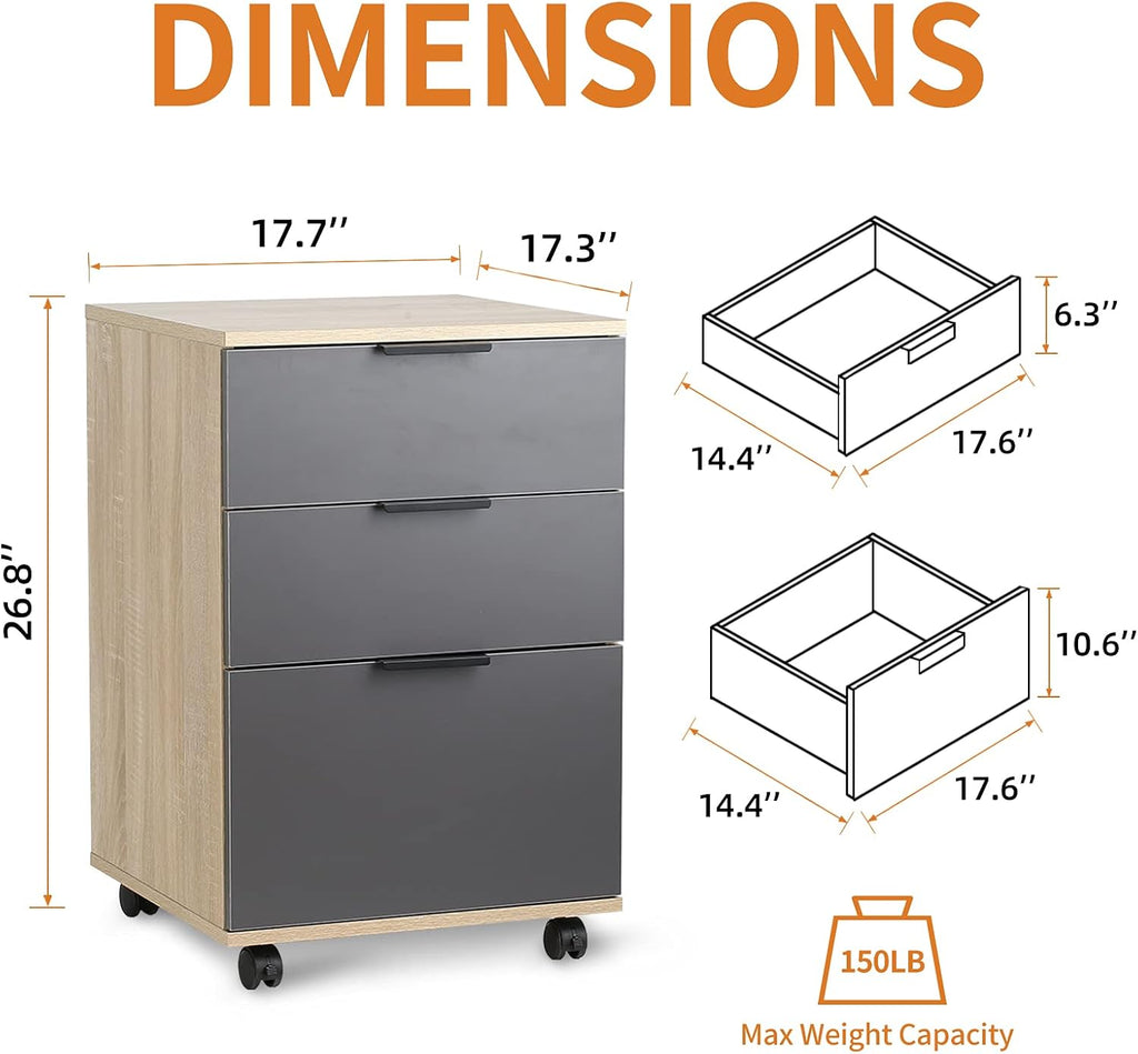 3 Drawer Rolling Wood File Cabinet with Wheels, Oak a7
