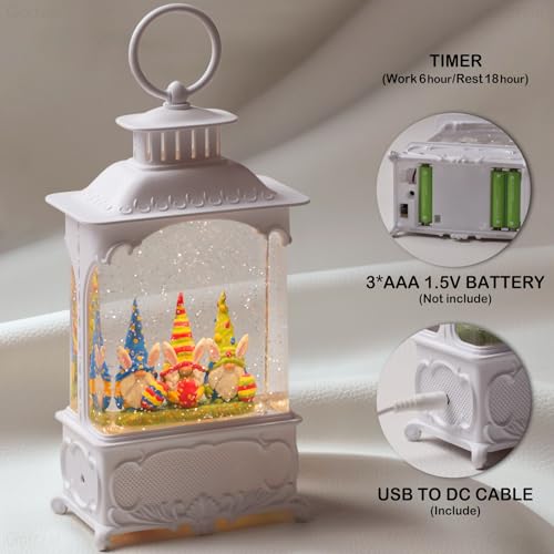 Easter Snow Globe Lantern with Timer Swirling Glitter, Indoor Decor A7