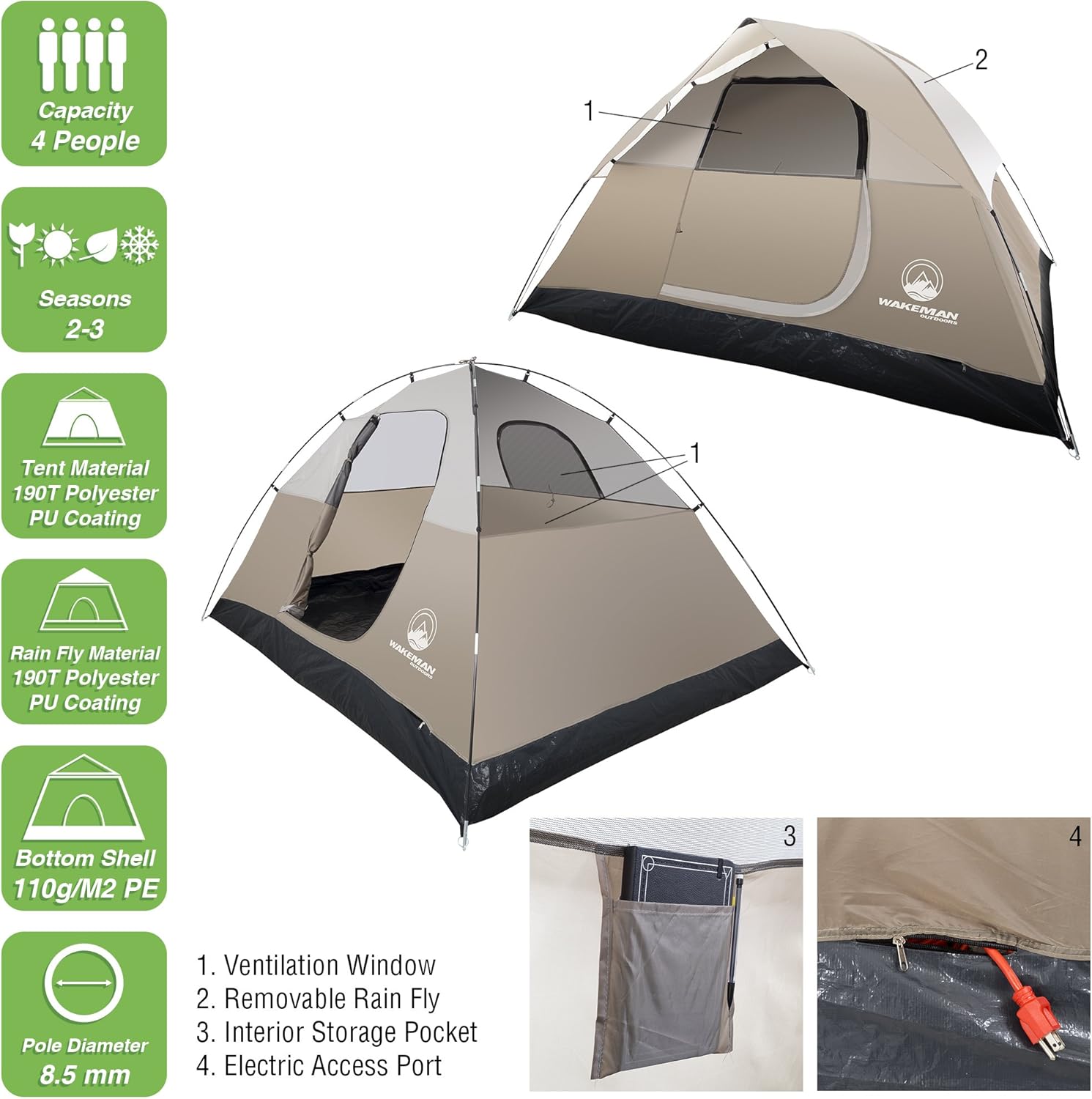 4 Person Water-Resistant Camping Tent with Rain Fly and Carrying Bag k7
