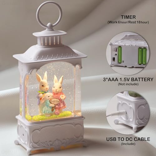 Easter Snow Globe Lantern with Timer Swirling Glitter, Indoor Decor A7