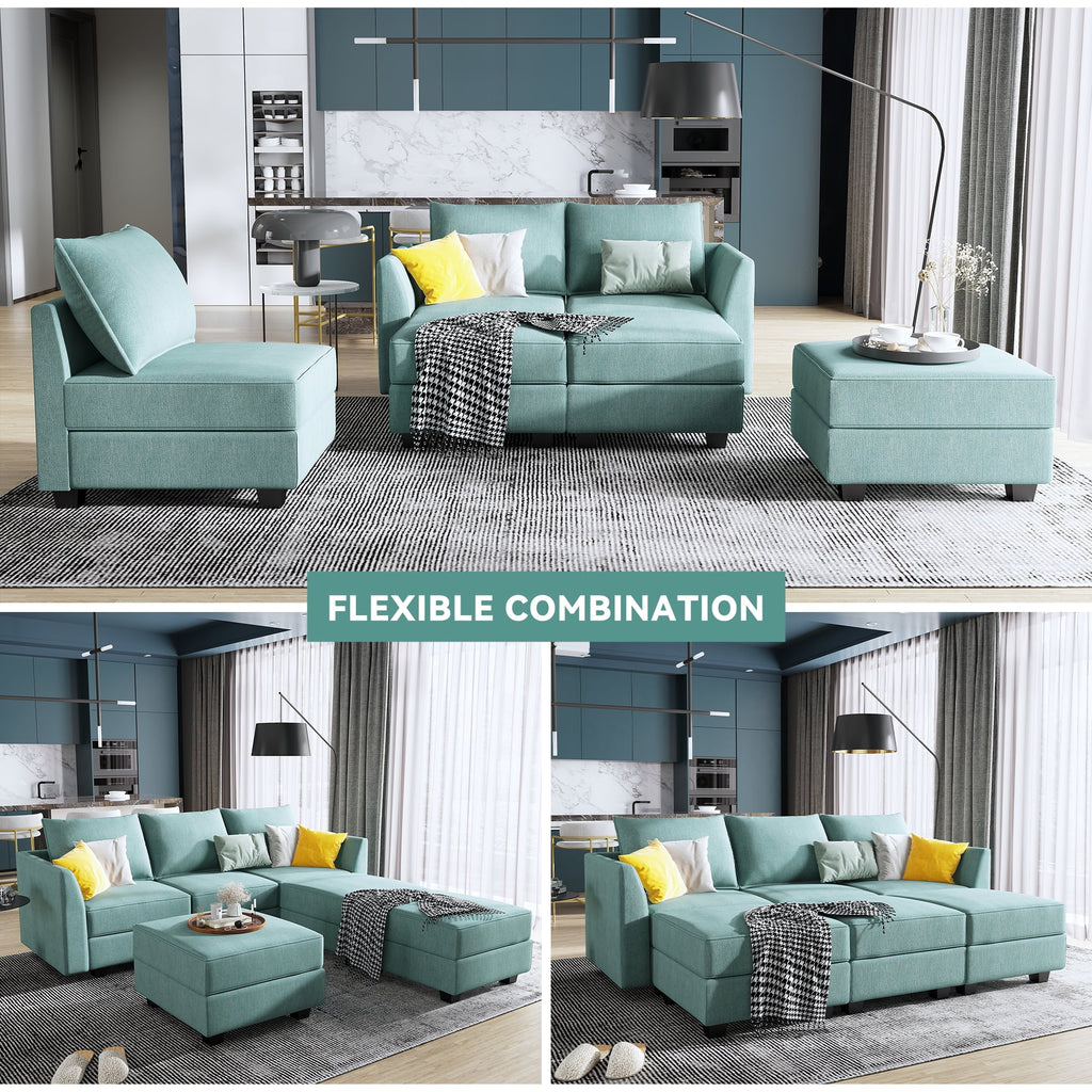 Modern Convertible Fabric Sleeper Sectional Sofa Bed with Storage Ottomans Aqua Blue k7