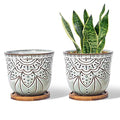 G EPGardening Brown Retro Large Planter Pot Succulent Planter Round Ceramic Planter Flower Pot Indoor Plant Bowl Container with Bamboo Tray Drainage Hole Plastic Mesh Set of 2