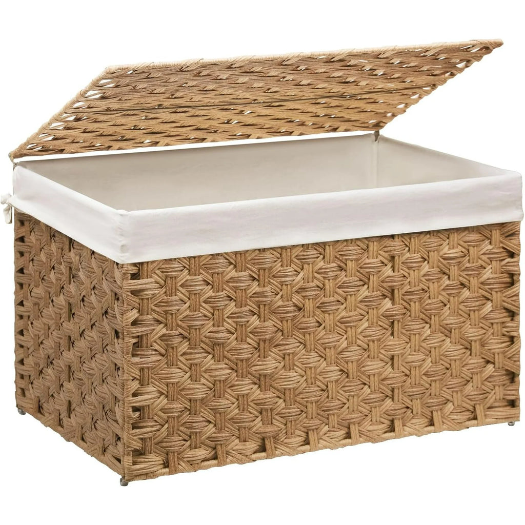 Wicker Storage Basket with Lid, 105L, Foldable, Brown K7m