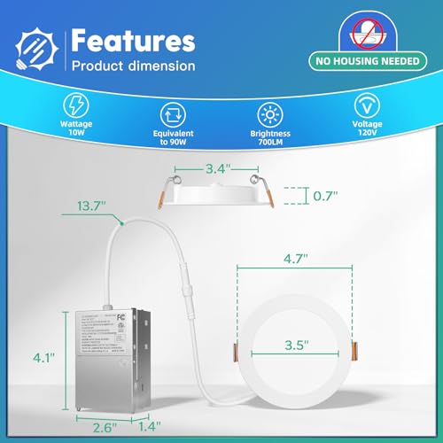 6 Pack 6 Inch Ultra-Thin LED Recessed Ceiling Light, Dimmable Canless Wafer Downlight 7k