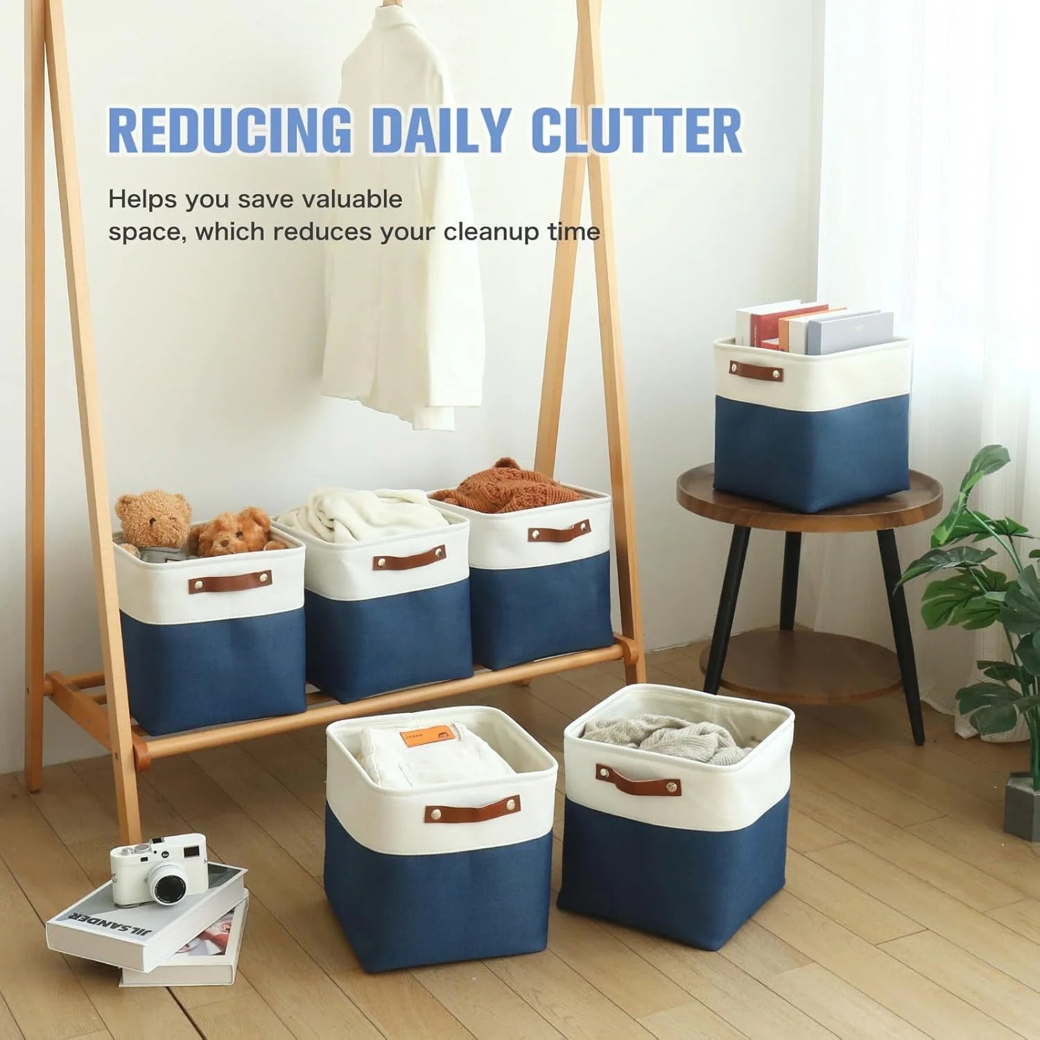 Cube Storage Baskets 6 Pack Foldable with Handles White Blue a7