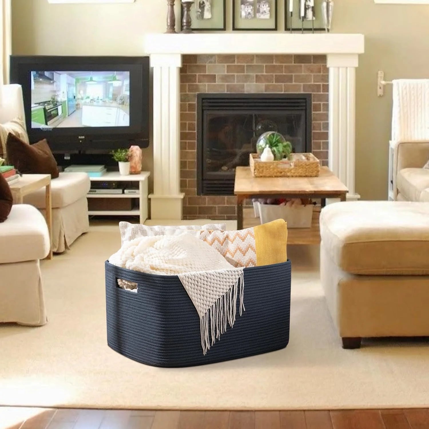 Woven Blanket Storage Basket with Handles 75L a7