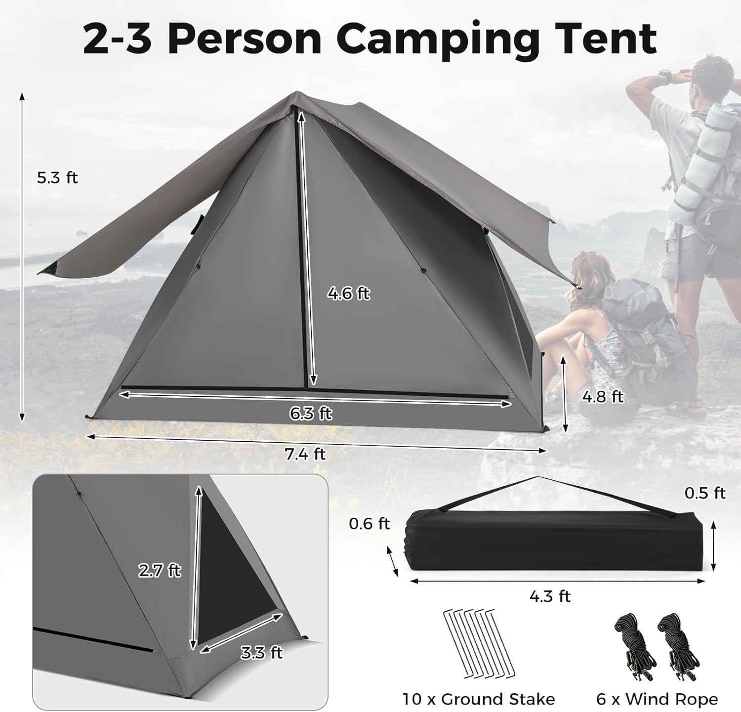 Pop Up Camping Tent for 2-3 Person, See-Through with Rainfly A7
