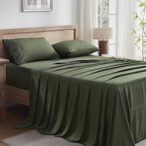 Queen Sheets Set, Cooling Bamboo Bedding, Deep Pocket, Dark Green K7