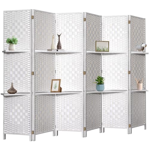 Room Divider with Shelves, Room Dividers and Folding Privacy Screens, Divider for Room Separation Partition Room Dividers, 16" Folding Screen 6FT Room Divider Wall 6 Panel, Natural