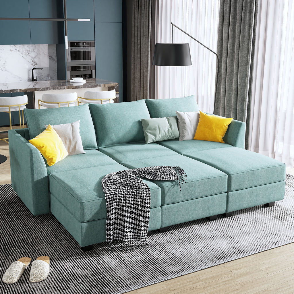 Modern Convertible Fabric Sleeper Sectional Sofa Bed with Storage Ottomans Aqua Blue k7