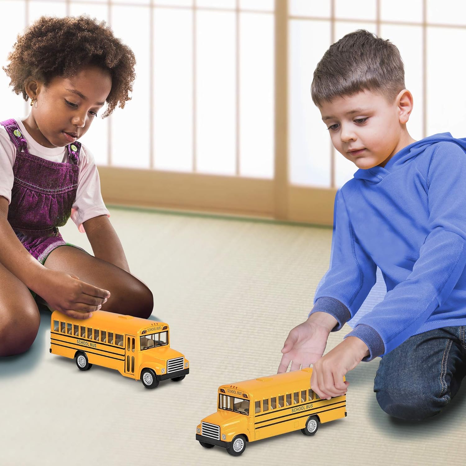 Pull Back School Bus Toy Set of 2 Diecast Playset k7