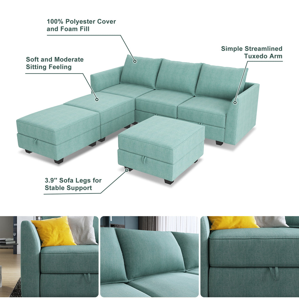 Modern Convertible Fabric Sleeper Sectional Sofa Bed with Storage Ottomans Aqua Blue k7