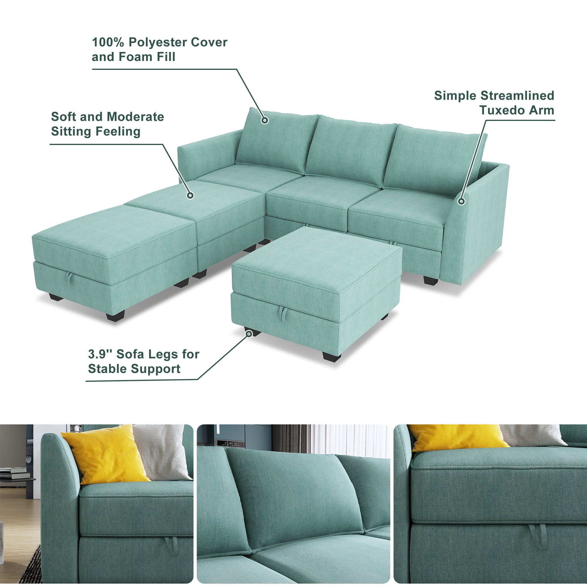 Modern Convertible Fabric Sleeper Sectional Sofa Bed with Storage Ottomans Aqua Blue k7