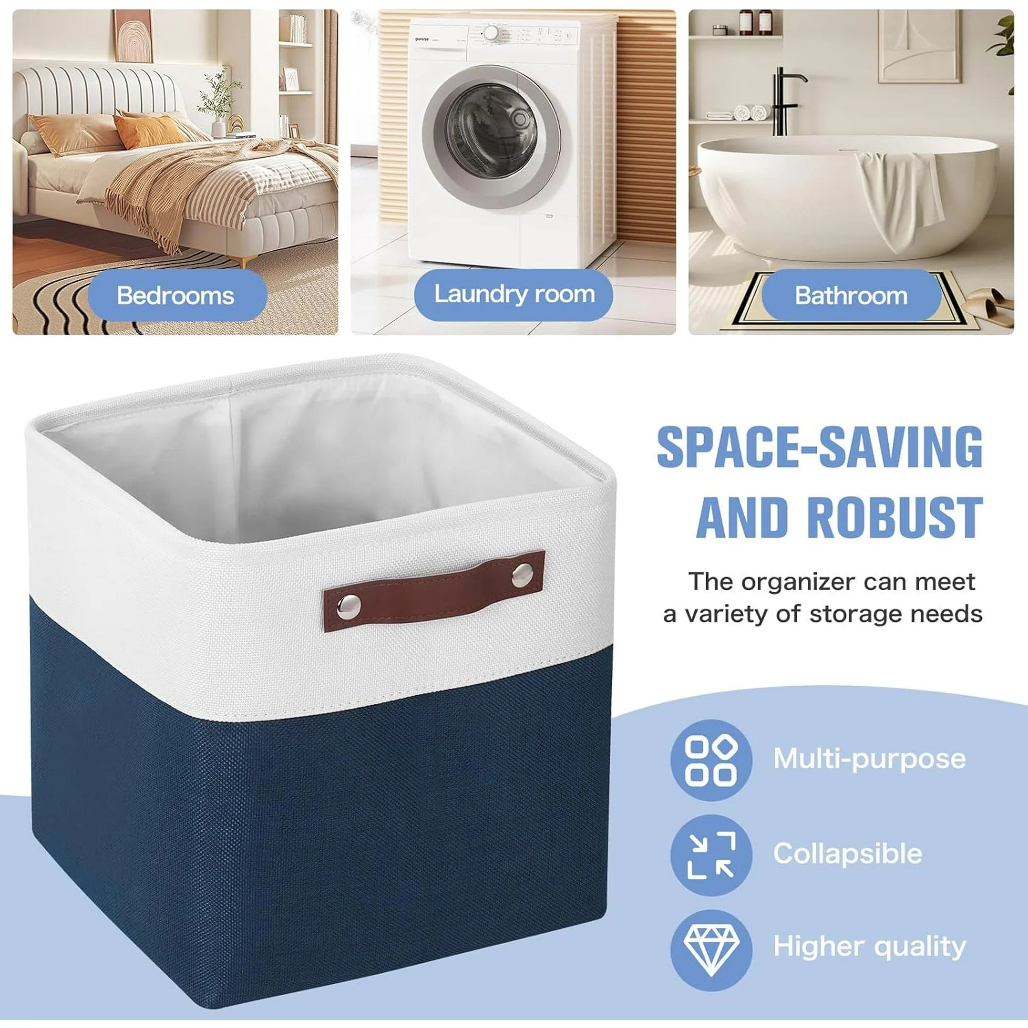 Cube Storage Baskets 6 Pack Foldable with Handles White Blue a7