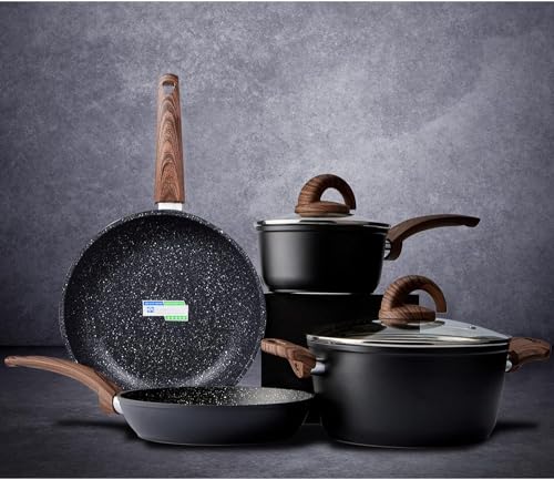 Pots and Pans Set Non Stick, Ceramic Cookware Set with Pattern, Induction Kitchen Cooking Sets w/Frying Pans, Saucepans, Casserole with Lids, Non-Toxic, PTFE/PFOA/PFOS-Free, Black