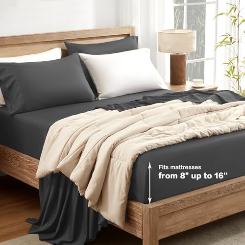 Queen Sheets Set, Cooling Bamboo Bedding, Deep Pocket, Dark Green K7