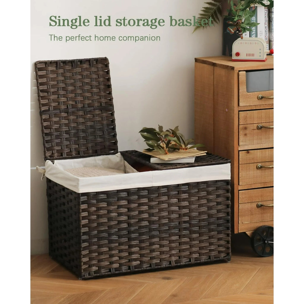 Woven Storage Basket with Lid, 65L Foldable, Gray a7