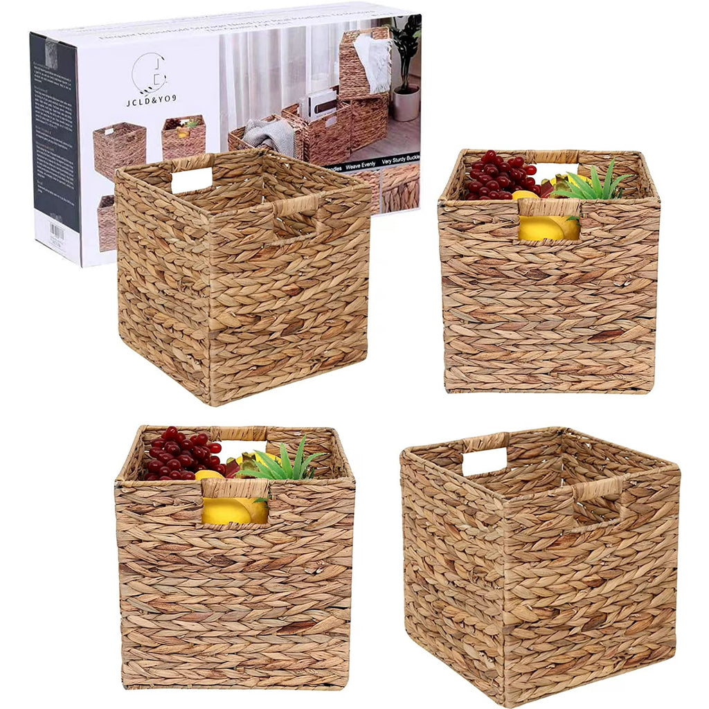 Handwoven Water Hyacinth Storage Baskets Wicker Cube Baskets Rectangular Laundry Organizer Totes,Set of 4 Pcs,12x12x12inch