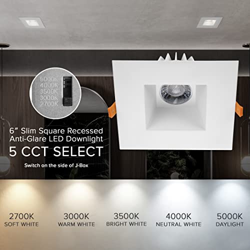 6" Ultra-Thin Recessed Anti-Glare LED Downlight Dimmable Square Black Trim 5CCT J-Box Included k7
