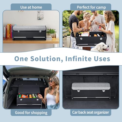 Car Organizer Trunk, Collapsible Leather with Lid, Auto Cargo Storage a7