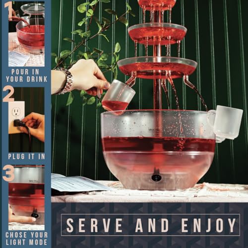 Drink Fountain for Parties - 1.5 Gal, 3 Tier Punch Bowl Tower, LED Base, 4 Cups a7