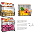 3 Pack Hanging Kitchen Baskets with Adjustable Wood Lid &amp; S Hook- No Drilling Adhesive Wall Mount Wire Basket Over the Cabinet Door Organizer, Onion and Potato Storage for Pantry, Kitchen, Bathroom