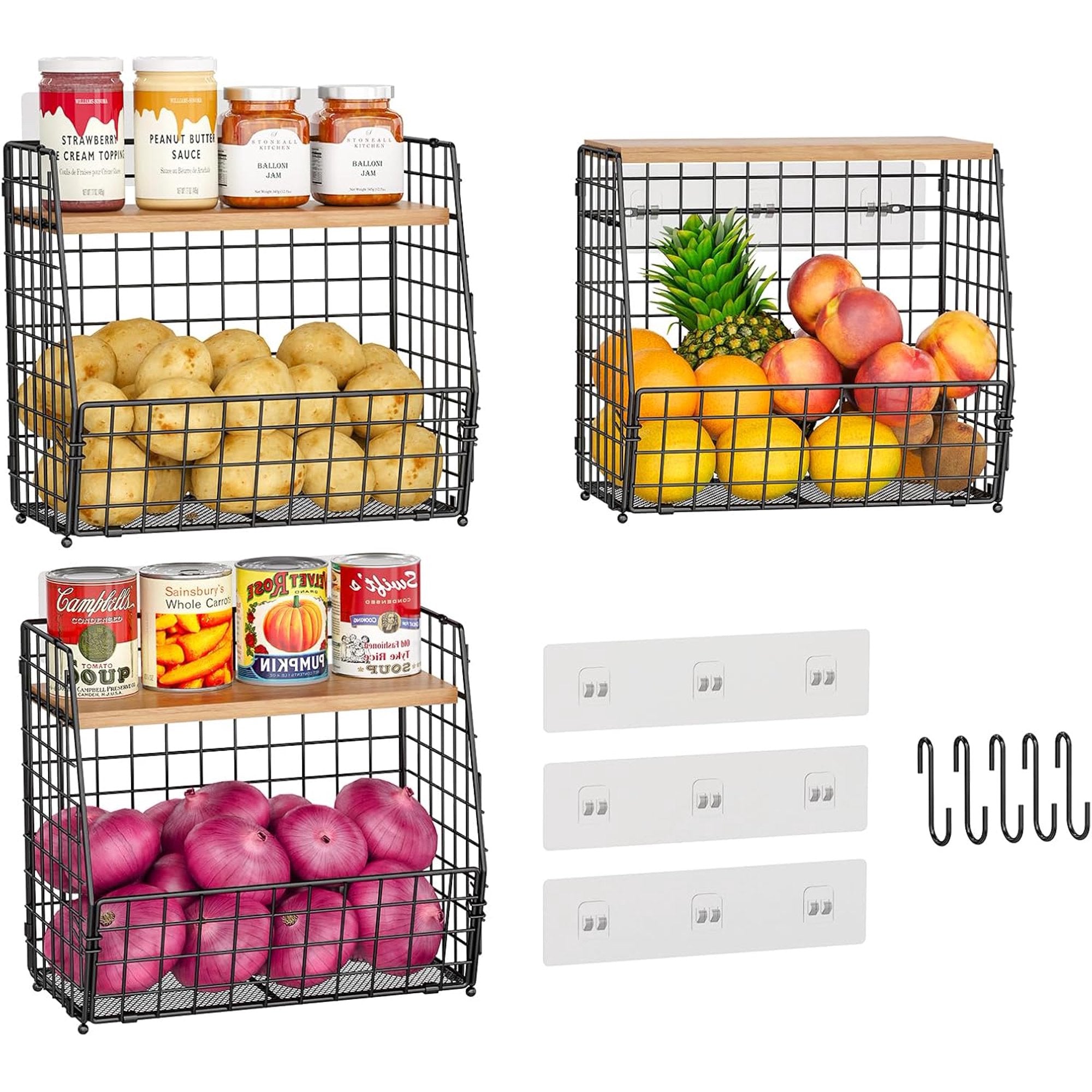 3 Pack Hanging Kitchen Baskets with Adjustable Wood Lid &amp; S Hook- No Drilling Adhesive Wall Mount Wire Basket Over the Cabinet Door Organizer, Onion and Potato Storage for Pantry, Kitchen, Bathroom