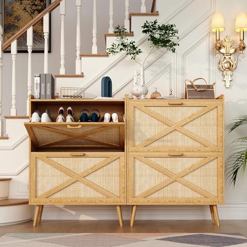 Rattan Shoe Cabinet with 2 Flip Drawers for Entryway k7