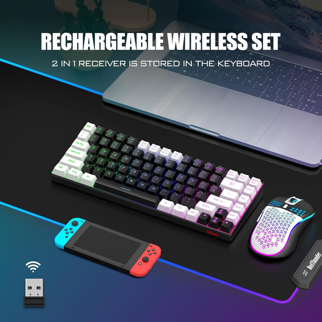 Wireless Keyboard Mouse Combo, Rainbow Backlit Rechargeable, TKL Ultra Compact Gaming Set a7