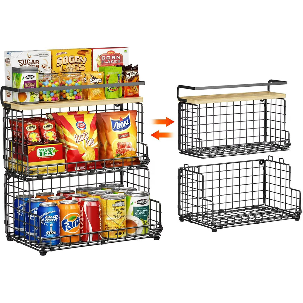 3-Tier Stackable Snack Organizer with Pine Wood Top-Trapezoid Metal Wire Basket, Countertop &amp; Wall Mounted Snack Holder for Kitchen Pantry Cabinet, Muti-functional Food Fruit Stoarge, Black