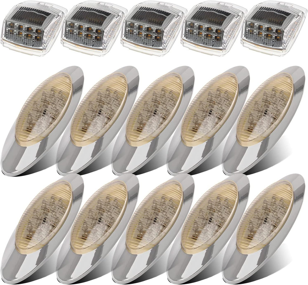 Partsam 10x 6.5 Led Marker Light 16LED Clear/Amber Chrome & 5pcs 17 LED Clear Lens 53.75" Amber Cab Marker Top Roof Running Truck Cab Light Waterproof