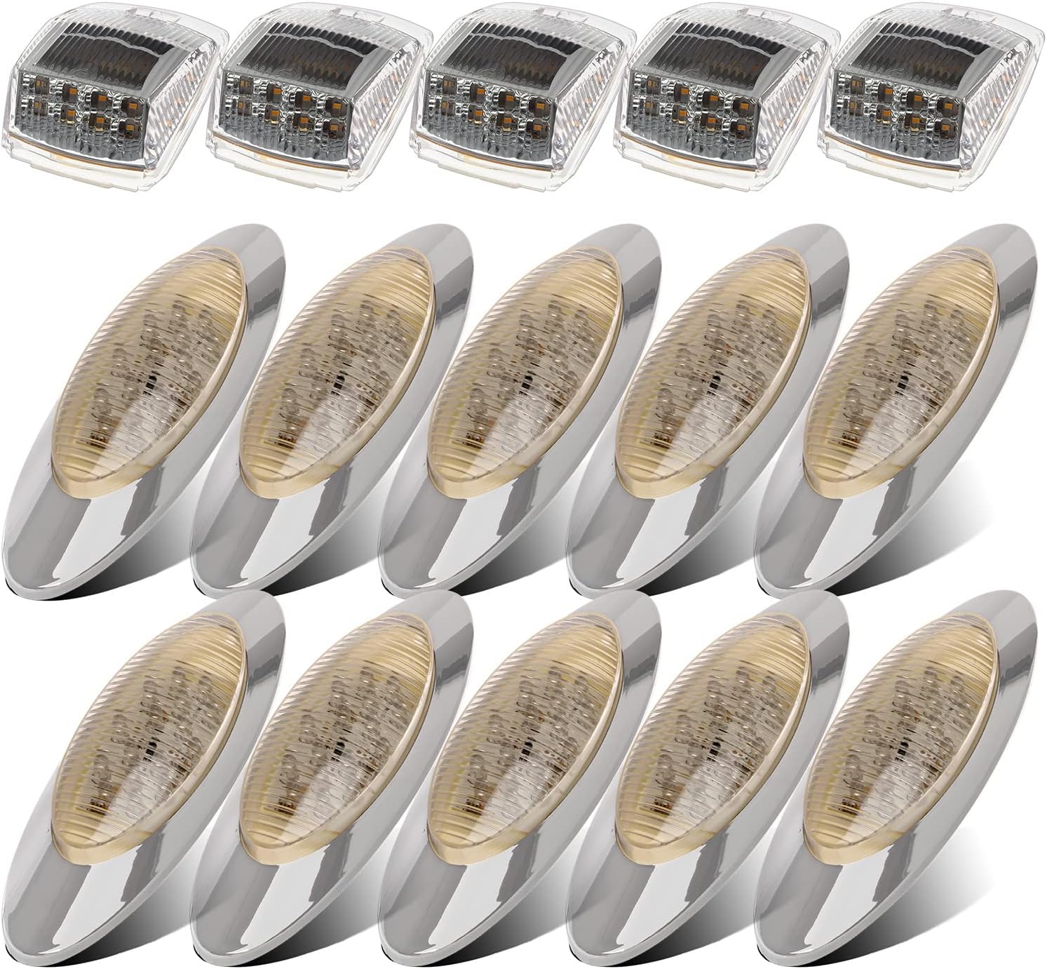 Partsam 10x 6.5 Led Marker Light 16LED Clear/Amber Chrome & 5pcs 17 LED Clear Lens 53.75" Amber Cab Marker Top Roof Running Truck Cab Light Waterproof