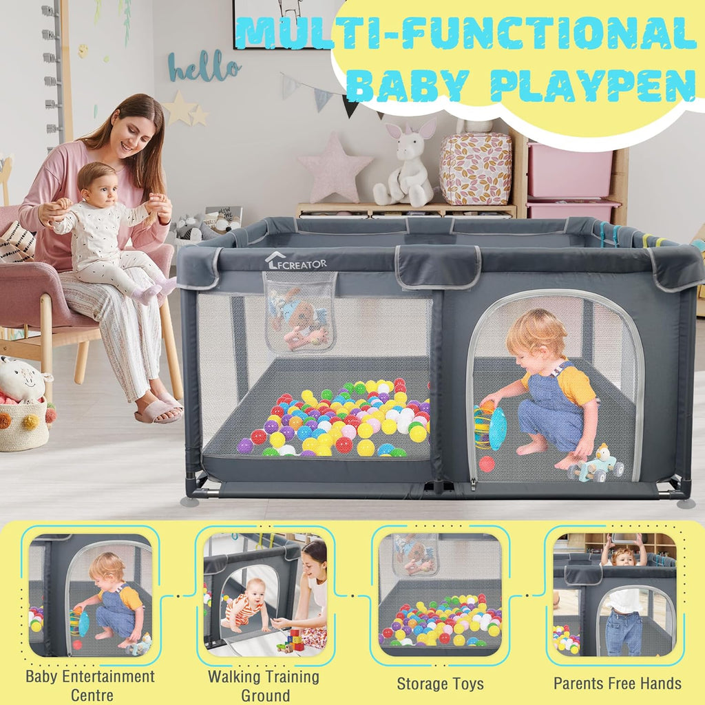 Kids Playpen for Babies, Large Square Indoor & Outdoor, Easy Assembly Mesh Fence 50x50 Grey k7