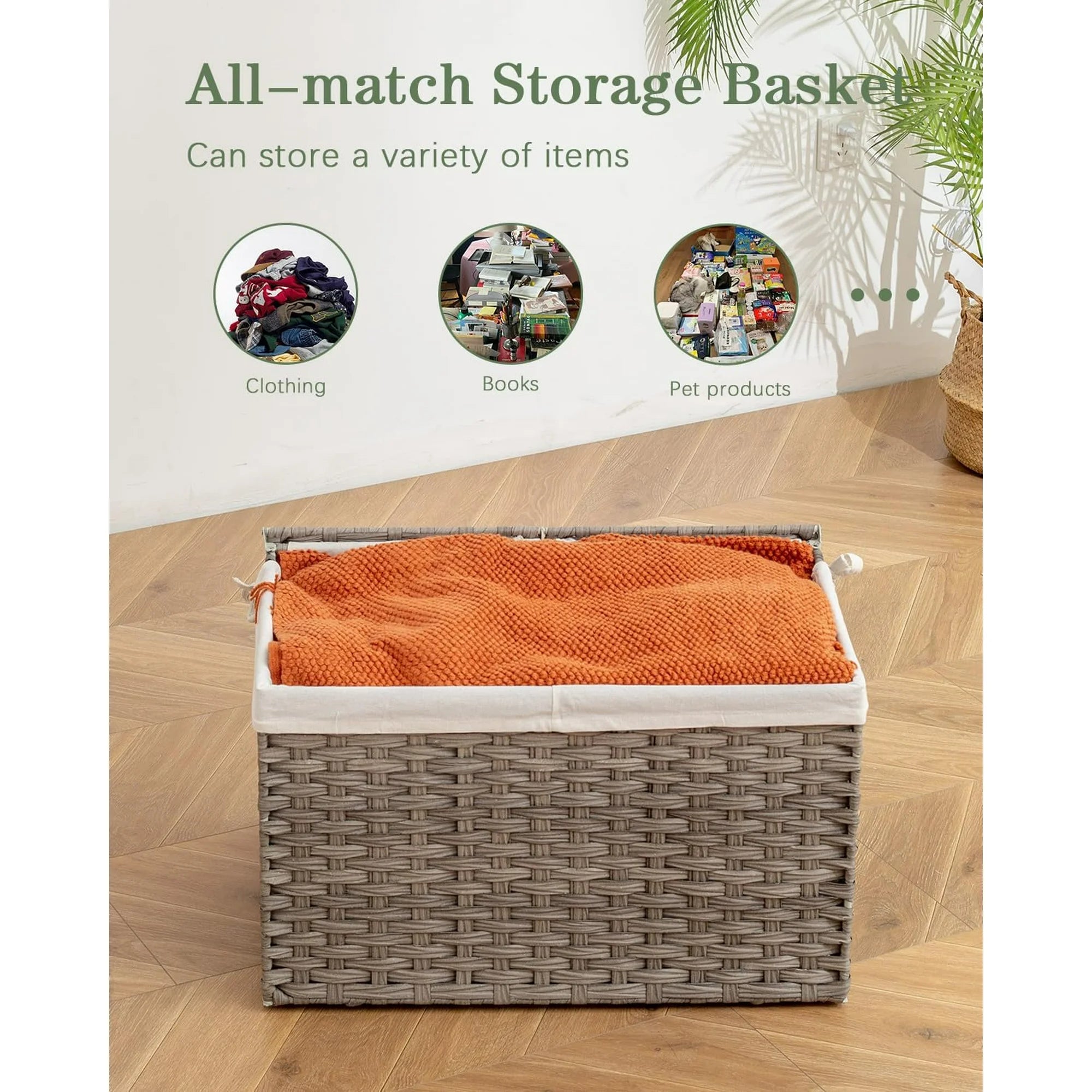 Woven Storage Basket with Lid, 65L Foldable, Gray a7