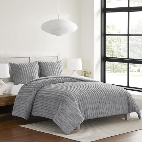 Plush Faux Fur Comforter Set with Pillow Shams, Full/Queen, Seal Grey k7