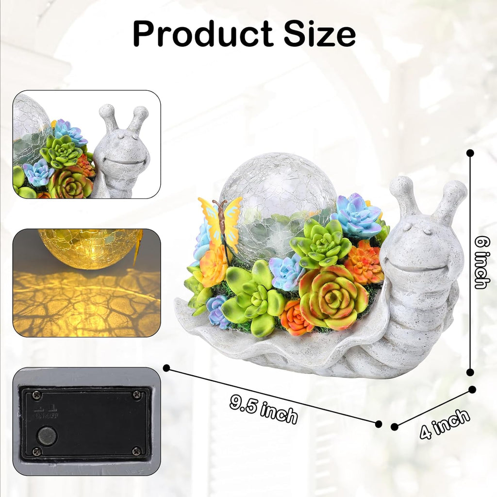 Solar Garden Snail Statue with Succulent Lawn Ornament q7