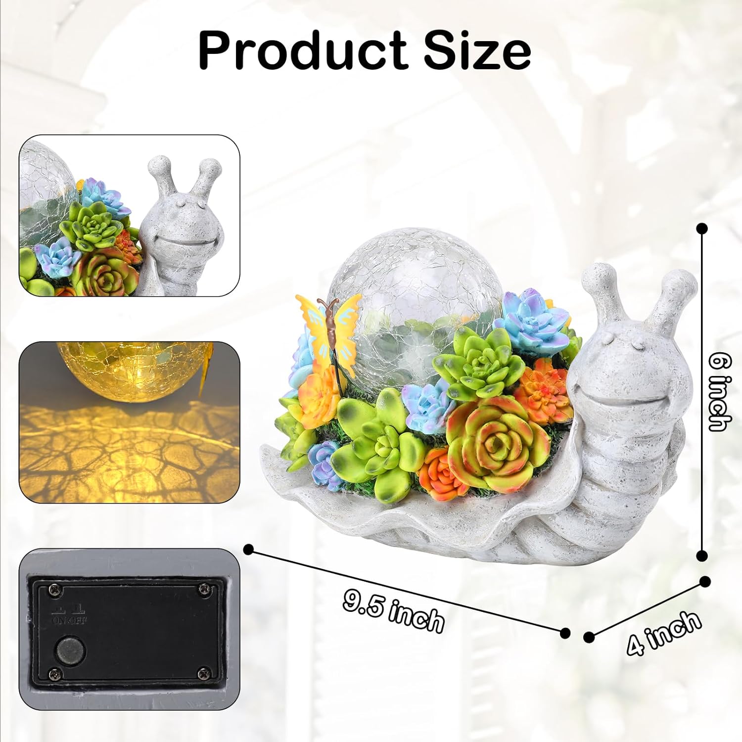 Solar Garden Snail Statue with Succulent Lawn Ornament q7